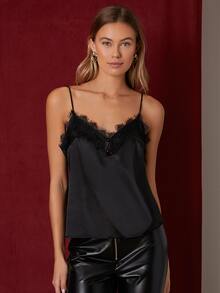 SHEIN Lace Insert Backless Satin Cami Top - Black - View 2