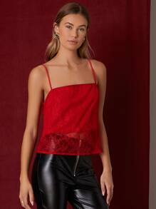 SHEIN Top de tirantes con encaje transparente - Burdeos - Ver 5