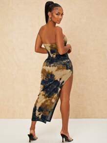 SHEIN SXY 紮染高衩抹胸緊身連衣裙