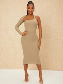 SHEIN SXY Đầm Bất đối xứng Cắt ra màu trơn Gợi cảm - Màu be - Xem 2