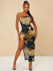 SHEIN SXY 紮染高衩抹胸緊身連衣裙