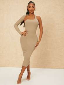 SHEIN SXY Đầm Bất đối xứng Cắt ra màu trơn Gợi cảm - Màu be - Xem 1