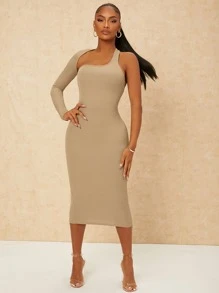 SHEIN SXY Đầm Bất đối xứng Cắt ra màu trơn Gợi cảm - Màu be - Xem 4