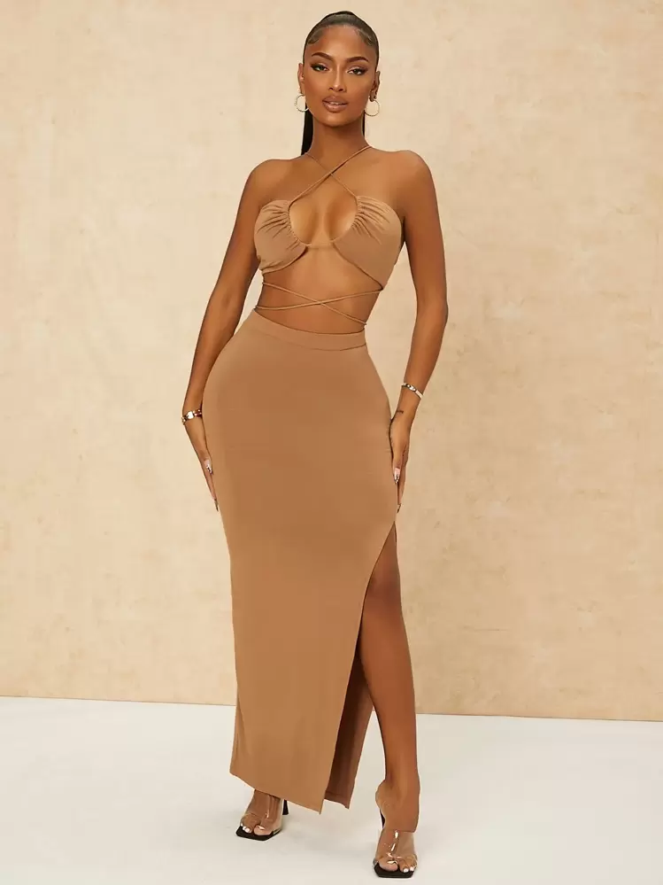SHEIN SXY Criss Cross Tie Back Crop Top & High Waist Split Thigh Skirt - Brown - View 1