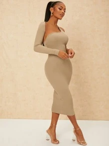 SHEIN SXY Đầm Bất đối xứng Cắt ra màu trơn Gợi cảm - Màu be - Xem 5