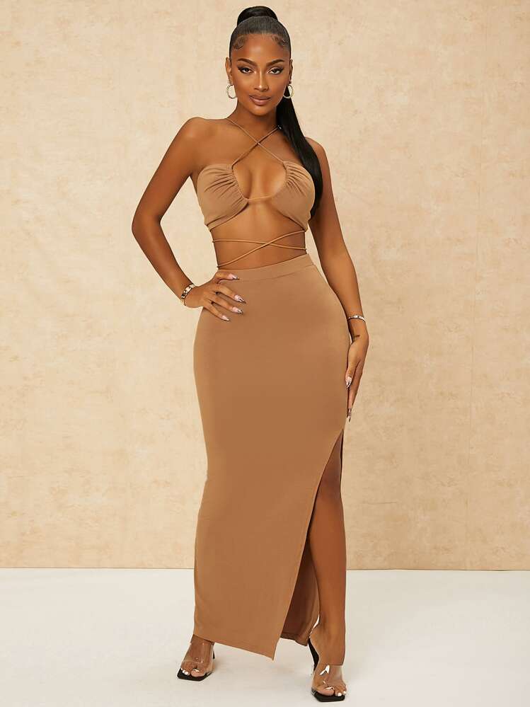 SHEIN SXY Criss Cross Tie Back Crop Top & High Waist Split Thigh Skirt - Brown - View 3