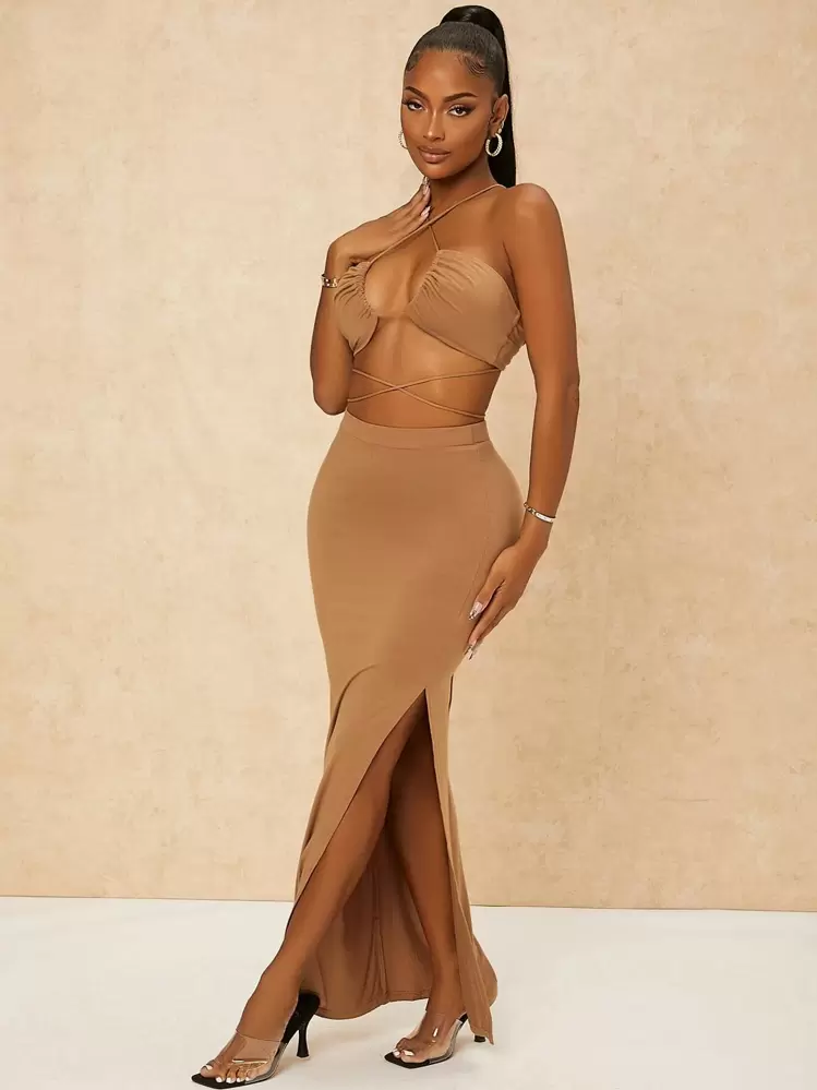 SHEIN SXY Criss Cross Tie Back Crop Top & High Waist Split Thigh Skirt - Brown - View 5