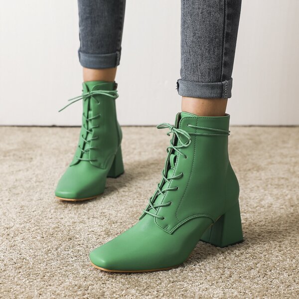 

Lace Up Design Side Zipper Chunky Classic Boots, Green