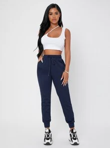 SHEIN PETITE 素色腰部抽繩衛褲 - 藏蓝色 - 查看 3