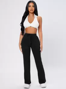 SHEIN PETITE Solid Drawstring Waist Joggers - Black - View 4