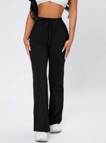 SHEIN PETITE Solid Drawstring Waist Joggers - Black - View 5