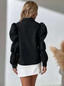 SHEIN Clasi Solid Puff Sleeve Button Front Shirt - Black - View 2