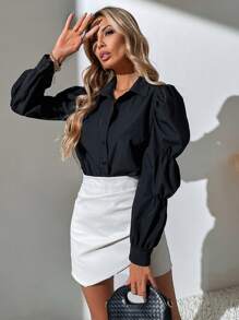 SHEIN Clasi Solid Puff Sleeve Button Front Shirt - Black - View 7