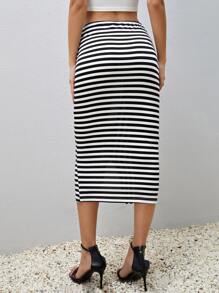 SHEIN Privé Váy nữ Thắt nút Chia Thắt nơ trước Sọc Thanh lịch - Đen và trắng - Xem 2