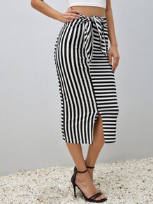 SHEIN Privé Váy nữ Thắt nút Chia Thắt nơ trước Sọc Thanh lịch - Đen và trắng - Xem 5