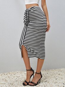 SHEIN Privé Váy nữ Thắt nút Chia Thắt nơ trước Sọc Thanh lịch - Đen và trắng - Xem 3