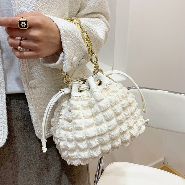 

Drawstring Design Fluffy Chain Bucket Bag, White