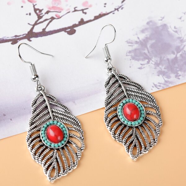 

Hollow Out Feather Drop Earrings, Antique silver