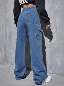 SHEIN EZwear Quần jean nữ Nút Túi Dây kéo màu trơn - Rửa trung bình - Xem 2