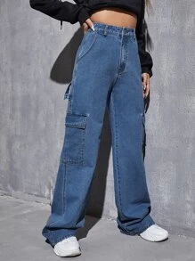 SHEIN EZwear Quần jean nữ Nút Túi Dây kéo màu trơn - Rửa trung bình - Xem 3