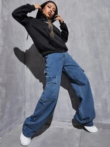 SHEIN EZwear Quần jean nữ Nút Túi Dây kéo màu trơn - Rửa trung bình - Xem 5