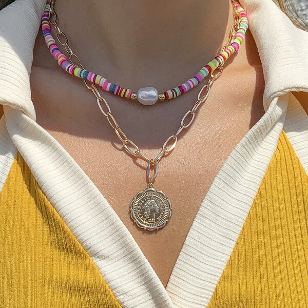 

2pcs Faux Pearl Detail Necklace, Multicolor