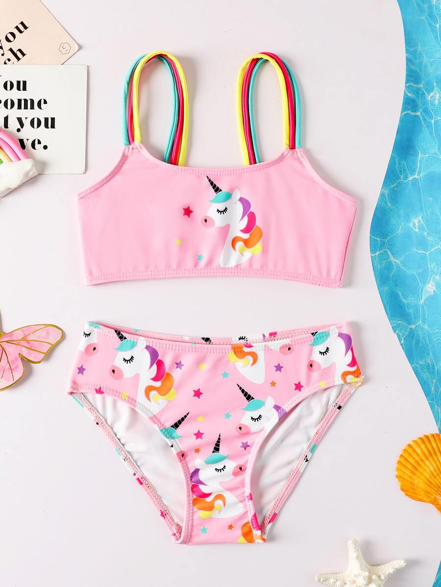 Young Girl Cute Unicorn Printed Colorful Strap Pink Bikini Set For Kids Summer Beach