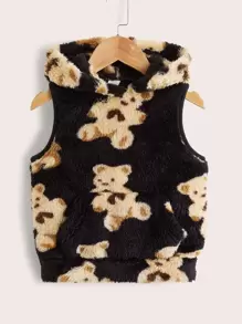 SHEIN 女童小熊印花无袖泰迪熊卫衣 - 黑色 - 查看 1