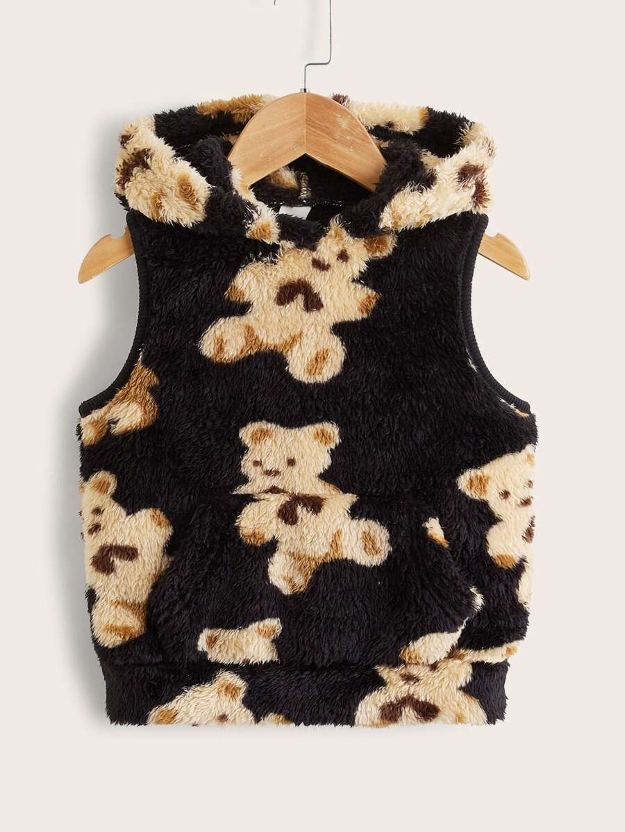 SHEIN 女童小熊印花无袖泰迪熊卫衣 - 黑色 - 查看 1