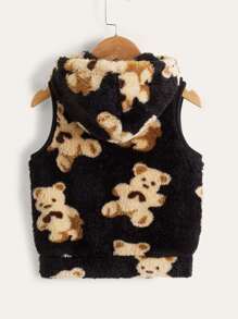 SHEIN 女童小熊印花无袖泰迪熊卫衣 - 黑色 - 查看 2