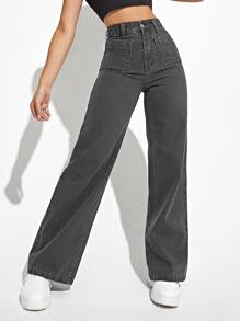 Jeans de pierna recta de talle alto - Gris Oscuro - Ver 1
