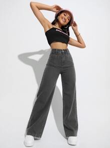 Jeans de pierna recta de talle alto - Gris Oscuro - Ver 4