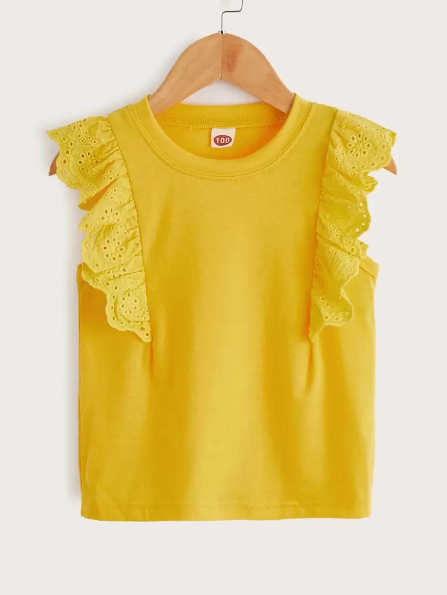 Niñas Top tank con bordado con ojal ribete con fruncido - Amarillo - Ver 1