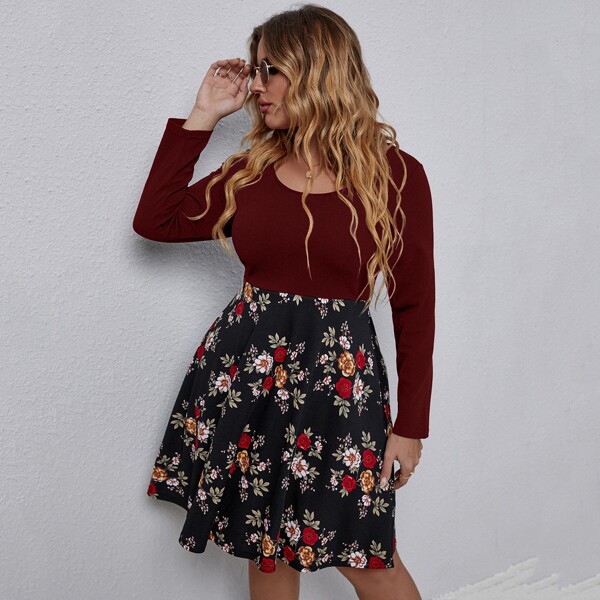 

Plus Floral Print A-line Dress, Multicolor