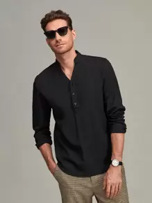 Manfinity NXTstreet Áo sơ mi Nam Nút phía trước màu trơn Giải trí - màu đen - Xem 1