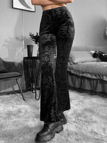 Byxor med Utsvängda Ben Gotisk Hög Midja växter Jacquard Sammet - Svart - Visa 3
