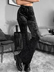 Byxor med Utsvängda Ben Gotisk Hög Midja växter Jacquard Sammet - Svart - Visa 4