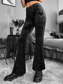 Byxor med Utsvängda Ben Gotisk Hög Midja växter Jacquard Sammet - Svart - Visa 5