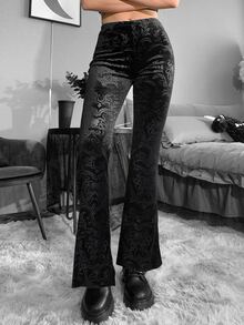 Byxor med Utsvängda Ben Gotisk Hög Midja växter Jacquard Sammet - Svart - Visa 7