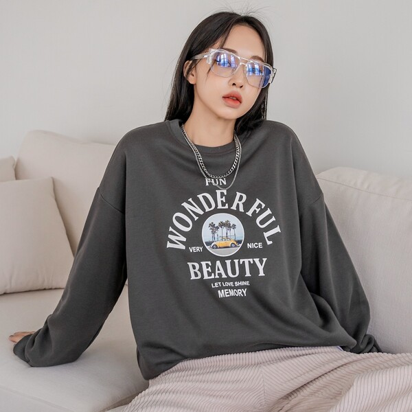 

Slogan & Car Print Drop Shoulder Pullover Without Tee, Dark grey