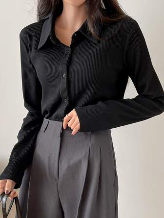Blusa de punto acanalado con botones, ropa de otoño de manga larga para mujer