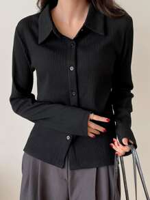DAZY 罗纹针织纽扣前襟上衣，秋季长袖女式上衣 - 黑色 - 查看 3