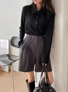 DAZY 罗纹针织纽扣前襟上衣，秋季长袖女式上衣 - 黑色 - 查看 4