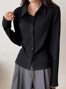 DAZY 罗纹针织纽扣前襟上衣，秋季长袖女式上衣 - 黑色 - 查看 6