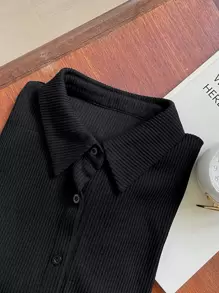 DAZY 罗纹针织纽扣前襟上衣，秋季长袖女式上衣 - 黑色 - 查看 9