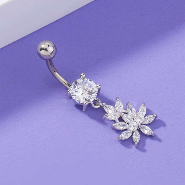 

Zircon Flower Decor Navel Belly Ring, Silver