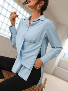 Modelyn Solid Split Hem Multi Ways Shirt - Baby Blue - View 1