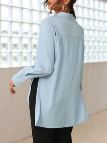 Modelyn Solid Split Hem Multi Ways Shirt - Baby Blue - View 2