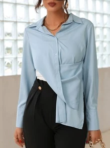 Modelyn Solid Split Hem Multi Ways Shirt - Baby Blue - View 3