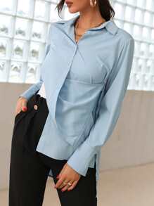 Modelyn Solid Split Hem Multi Ways Shirt - Baby Blue - View 4